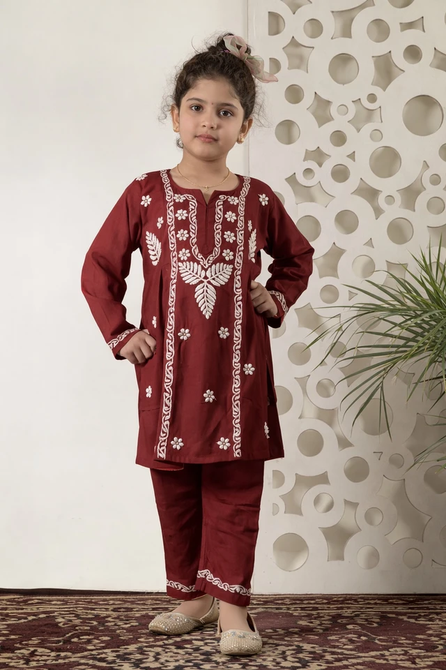 Little Jasmin - Maroon Chikankari Side Pleated Kidswear Set - 24, Maroon
