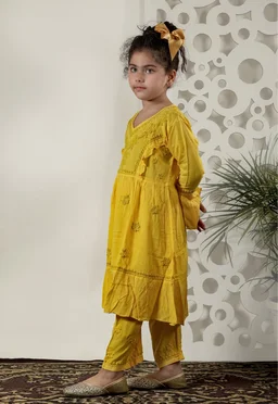 Little Fariya - Mustard Chikankari Frill Style Frock Kidswear Set - 30, Yellow