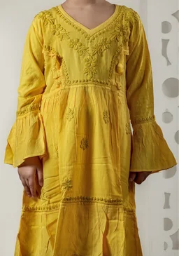 Little Fariya - Mustard Chikankari Frill Style Frock Kidswear Set - 30, Yellow