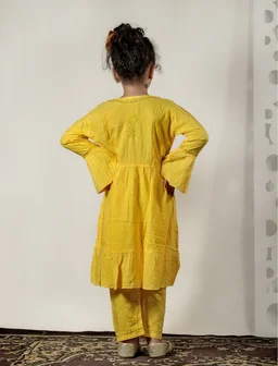 Little Fariya - Mustard Chikankari Frill Style Frock Kidswear Set - 30, Yellow