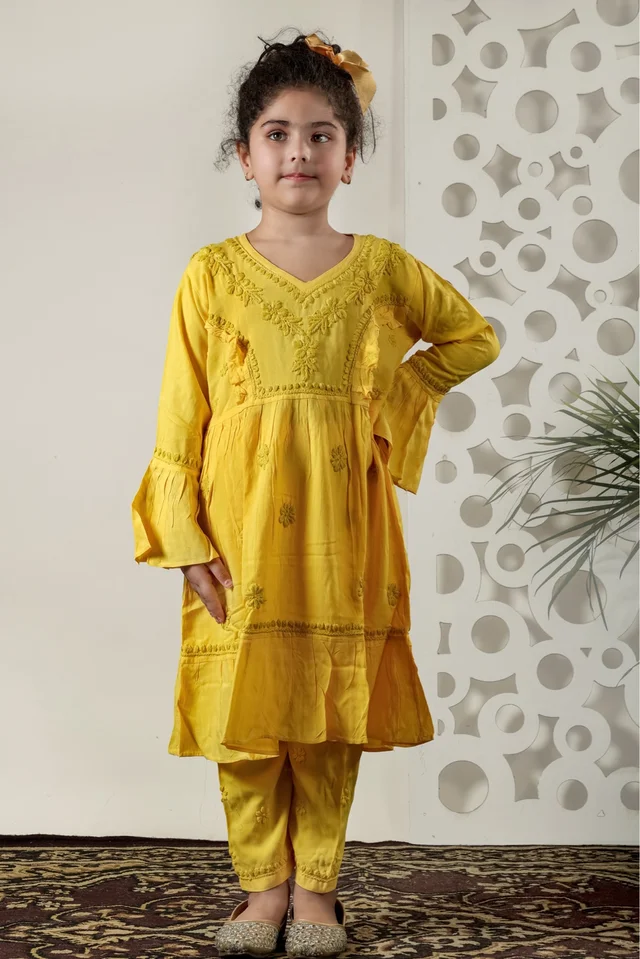 Little Fariya - Mustard Chikankari Frill Style Frock Kidswear Set - 32, Yellow