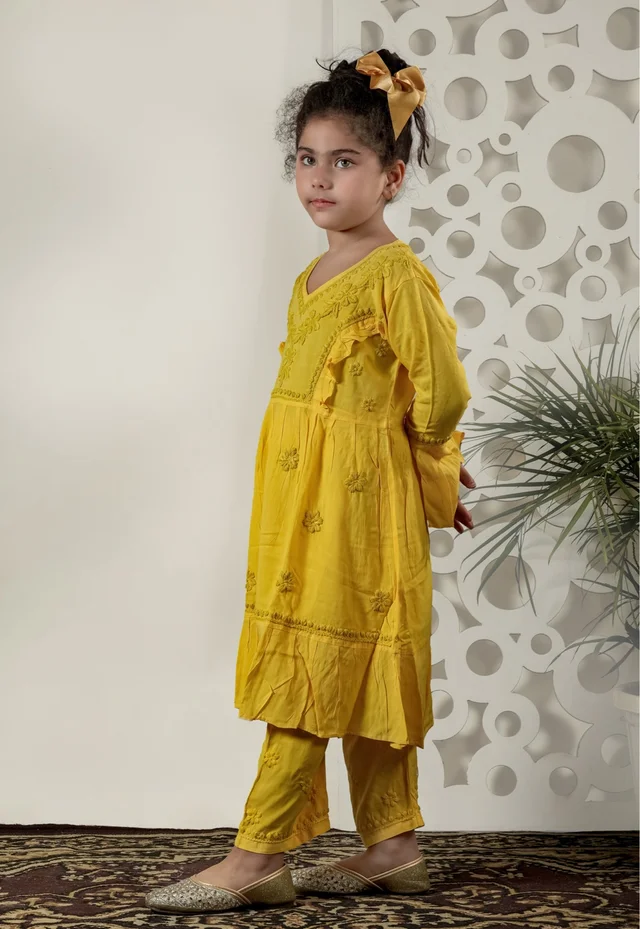 Little Fariya - Mustard Chikankari Frill Style Frock Kidswear Set - 32, Yellow