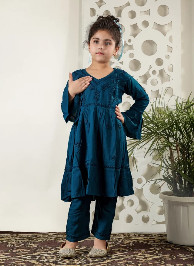 Little Fariya - Dark Blue Chikankari Frill Style Frock Kidswear Set - 34, Dark Blue