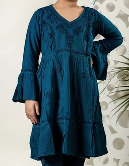 Little Fariya - Dark Blue Chikankari Frill Style Frock Kidswear Set - 34, Dark Blue
