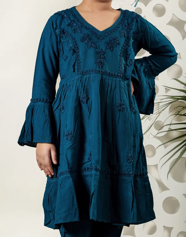 Little Fariya - Dark Blue Chikankari Frill Style Frock Kidswear Set - 34, Dark Blue