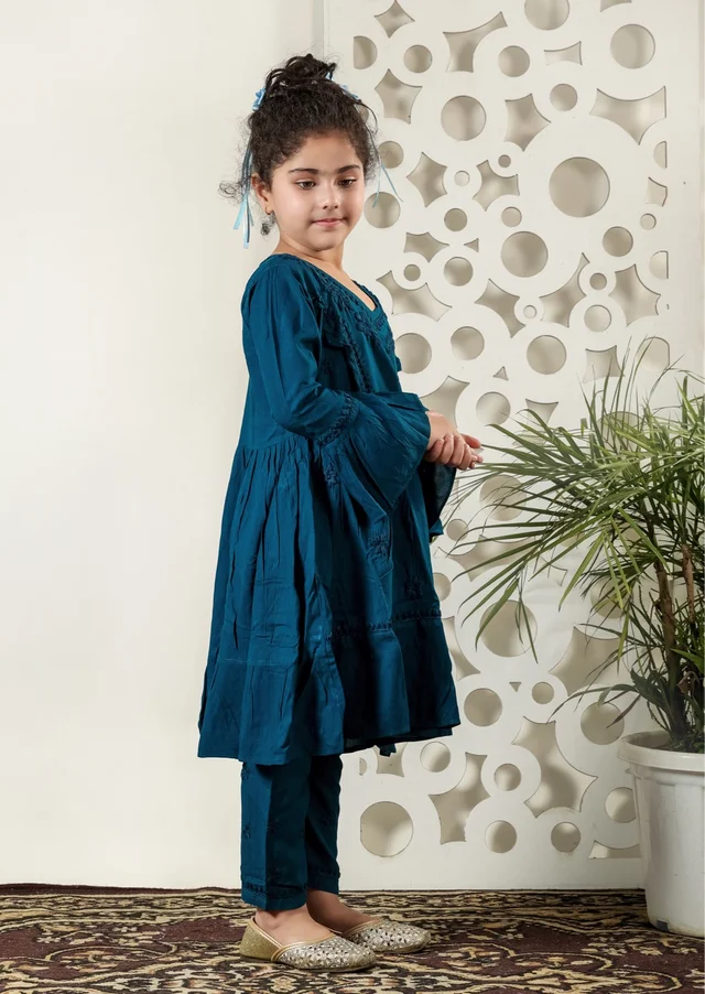 Little Fariya - Dark Blue Chikankari Frill Style Frock Kidswear Set - 34, Dark Blue