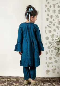 Little Fariya - Dark Blue Chikankari Frill Style Frock Kidswear Set - 34, Dark Blue