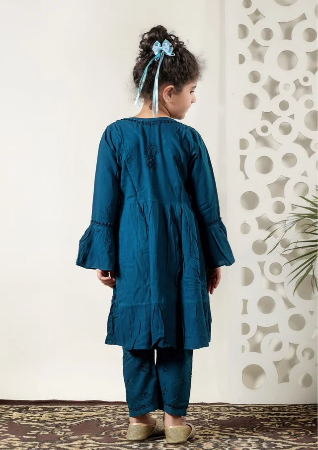 Little Fariya - Dark Blue Chikankari Frill Style Frock Kidswear Set - 34, Dark Blue