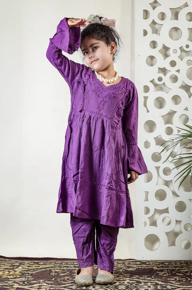 Little Fariya - Dark Purple Chikankari Frill Style Frock Kidswear Set - 16, Dark Purple