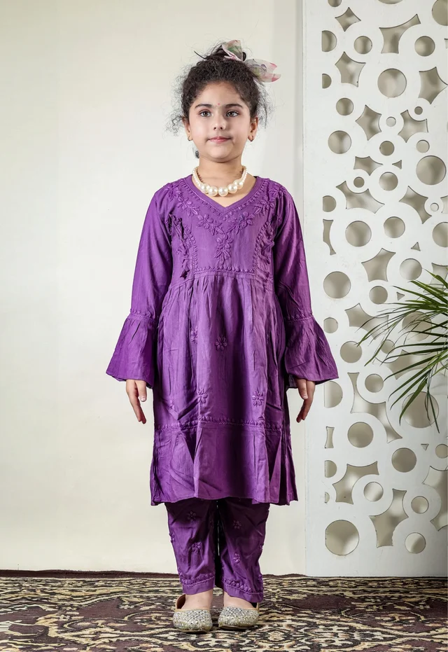 Little Fariya - Dark Purple Chikankari Frill Style Frock Kidswear Set - 16, Dark Purple