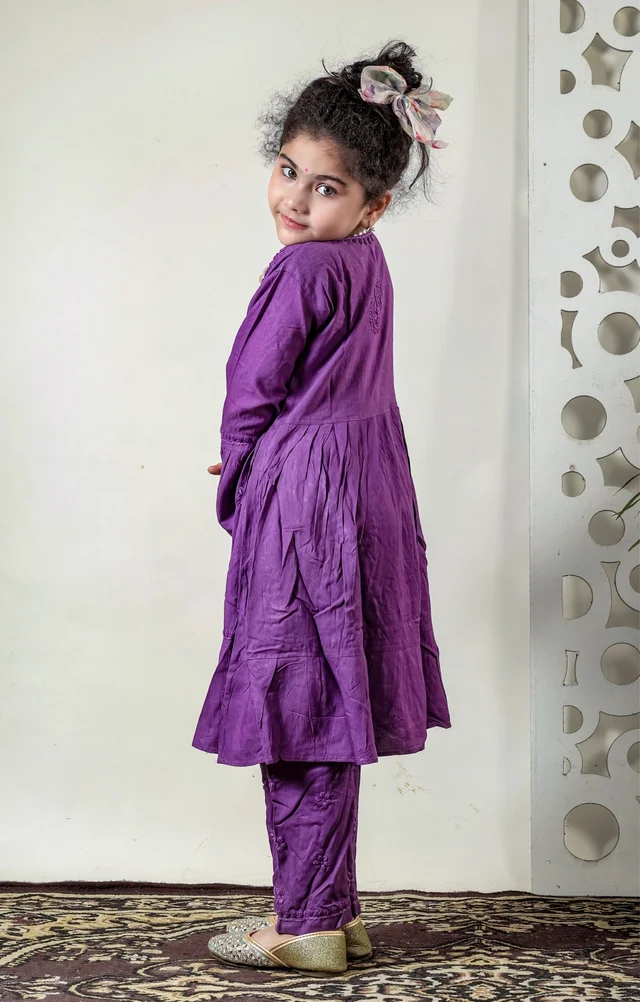Little Fariya - Dark Purple Chikankari Frill Style Frock Kidswear Set - 16, Dark Purple