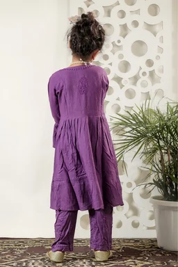 Little Fariya - Dark Purple Chikankari Frill Style Frock Kidswear Set - 16, Dark Purple