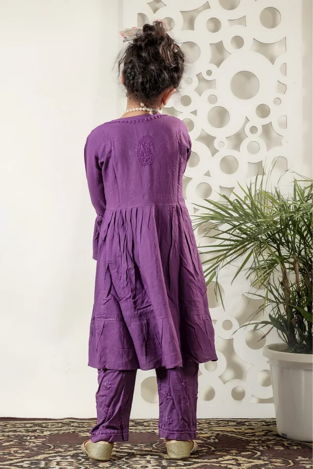 Little Fariya - Dark Purple Chikankari Frill Style Frock Kidswear Set - 16, Dark Purple