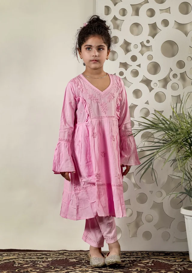 Little Fariya - Pink Chikankari Frill Style Frock Kidswear Set - 32, Pink