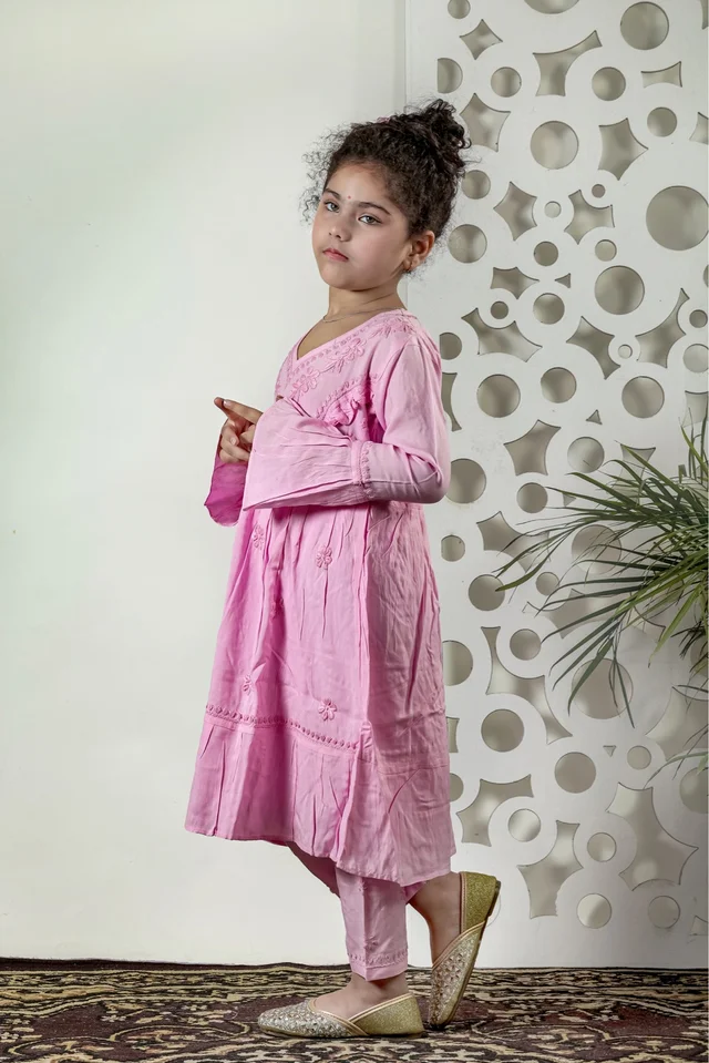 Little Fariya - Pink Chikankari Frill Style Frock Kidswear Set - 32, Pink