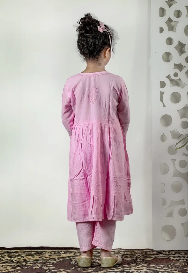 Little Fariya - Pink Chikankari Frill Style Frock Kidswear Set - 32, Pink