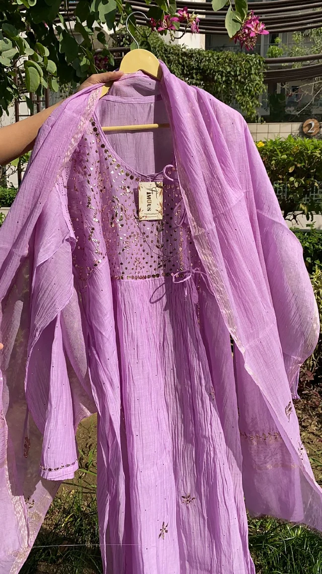 Roohani –Lilac Handcrafted Mukaish Gown Set - Semi Stiched, Lilac