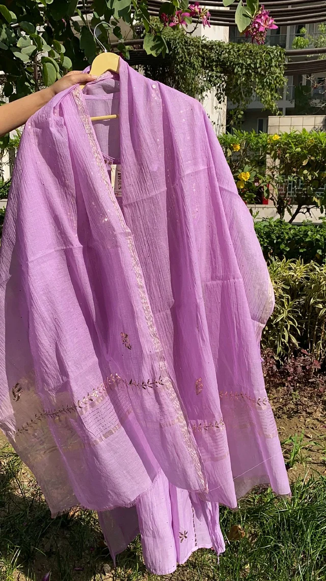 Roohani –Lilac Handcrafted Mukaish Gown Set - Semi Stiched, Lilac