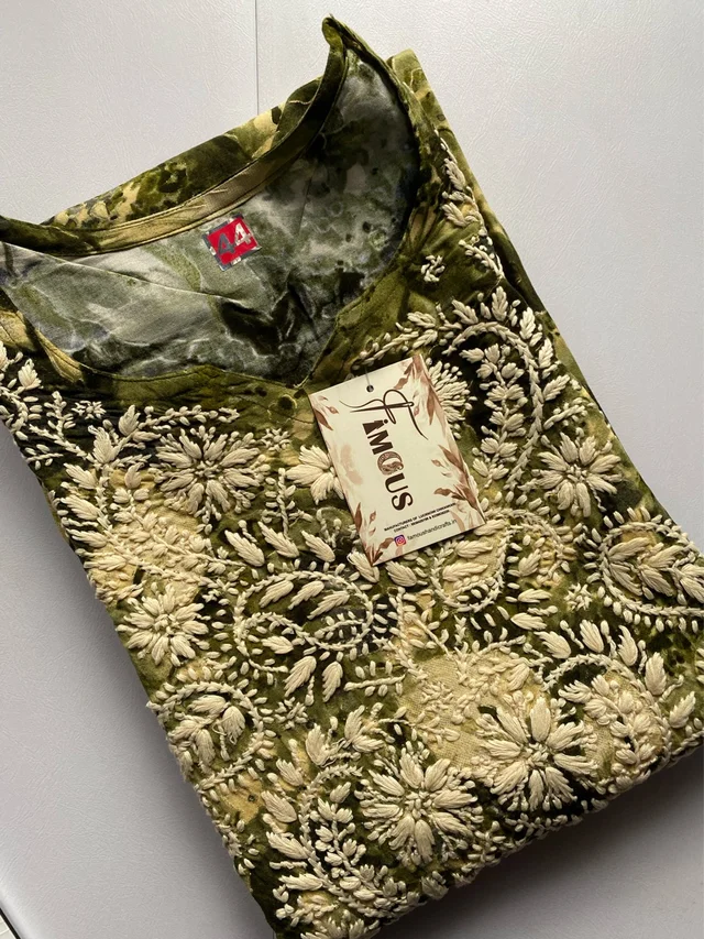 Anaya Chikankari Reyon Goldprint Long Kurti - L(40), Mehndi