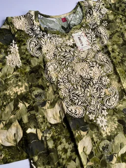 Anaya Chikankari Reyon Goldprint Long Kurti - L(40), Mehndi