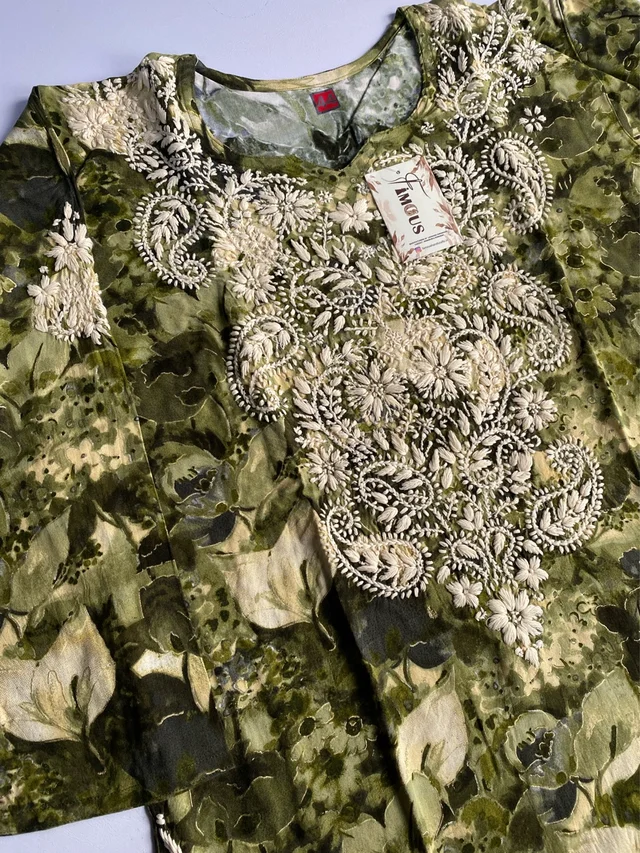 Anaya Chikankari Reyon Goldprint Long Kurti - L(40), Mehndi