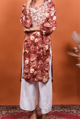 Anaya Chikankari Reyon Goldprint Long Kurti - 3XL(46), Rusty Pink