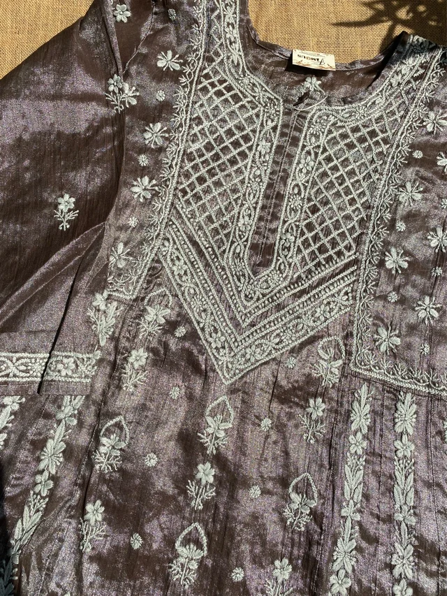 Metallic Coffee Brown Chikankari Tissue Gown Set