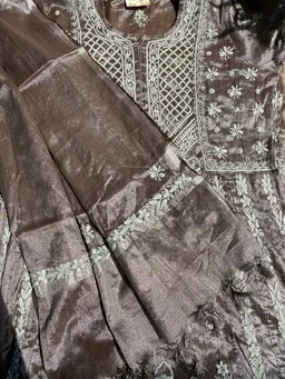 Metallic Coffee Brown Chikankari Tissue Gown Set