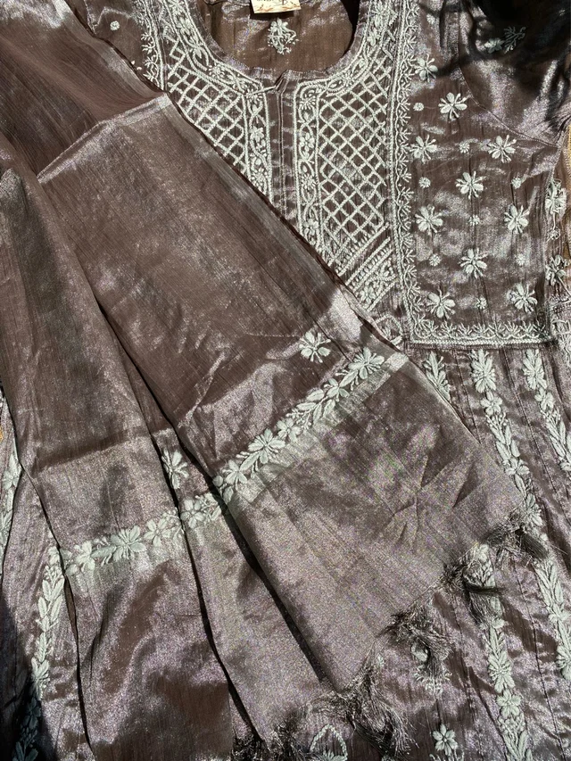 Metallic Coffee Brown Chikankari Tissue Gown Set