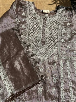 Metallic Coffee Brown Chikankari Tissue Gown Set