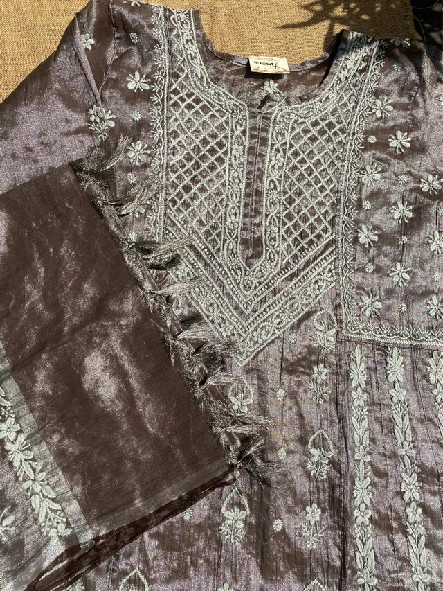 Metallic Coffee Brown Chikankari Tissue Gown Set