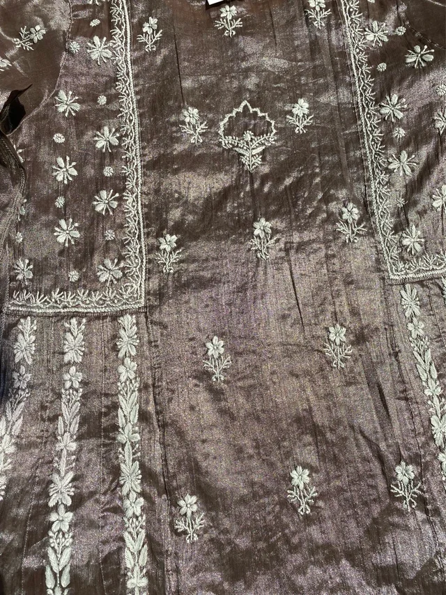 Metallic Coffee Brown Chikankari Tissue Gown Set