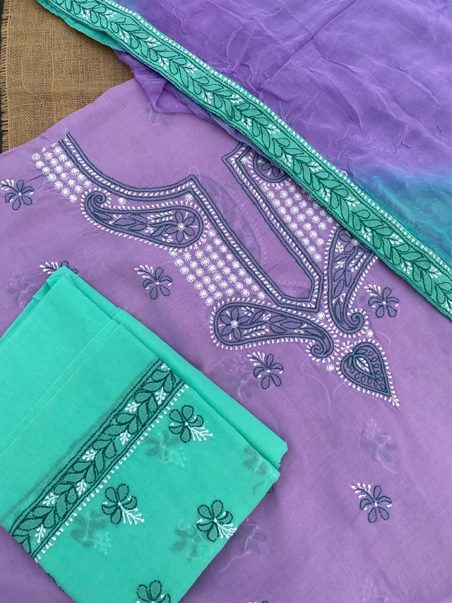 Purple Chikankari Unstiched Cotton Dress Material - Purple