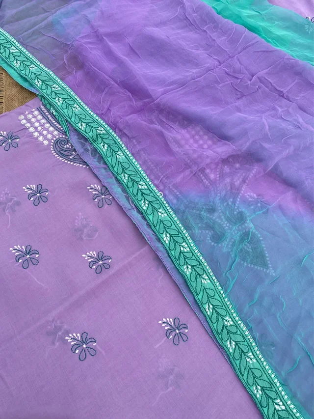 Purple Chikankari Unstiched Cotton Dress Material - Purple