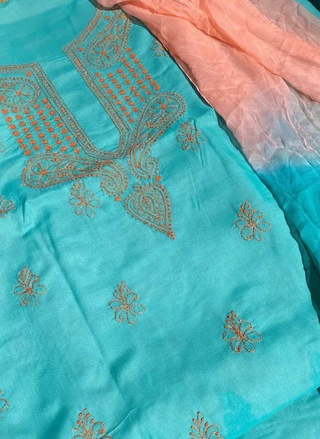 Green Chikankari Unstiched Cotton Dress Material - Firozi Green