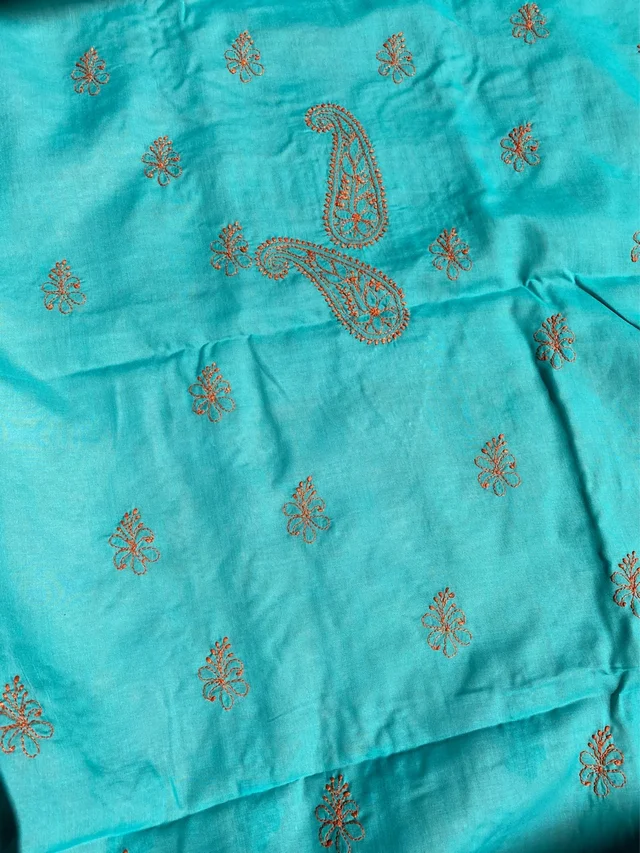 Green Chikankari Unstiched Cotton Dress Material - Firozi Green