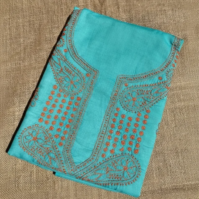 Green Chikankari Unstiched Cotton Dress Material - Firozi Green