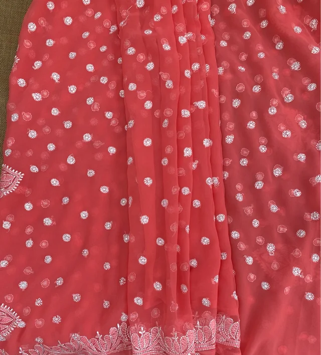 Carrot Pink Chikankari Saree Full Kangan Work - Carrot Pink