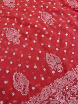 Carrot Pink Chikankari Saree Full Kangan Work - Carrot Pink