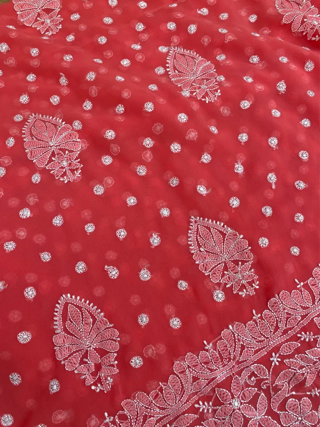Carrot Pink Chikankari Saree Full Kangan Work - Carrot Pink