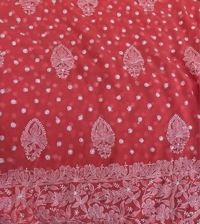 Carrot Pink Chikankari Saree Full Kangan Work - Carrot Pink