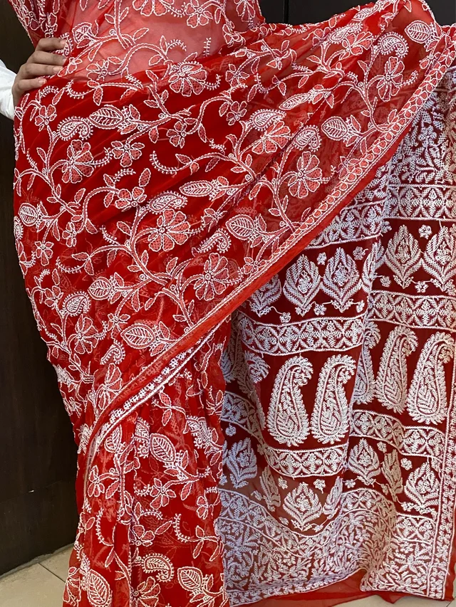 Red Chikankari Full Jaalwork Georgette Saree - Red