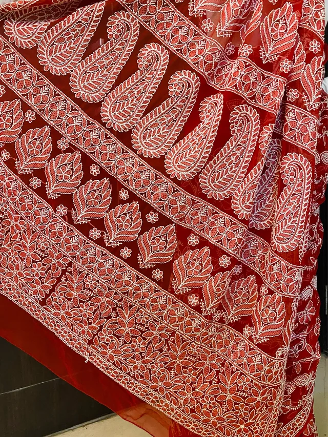 Red Chikankari Full Jaalwork Georgette Saree - Red