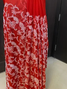 Red Chikankari Full Jaalwork Georgette Saree - Red