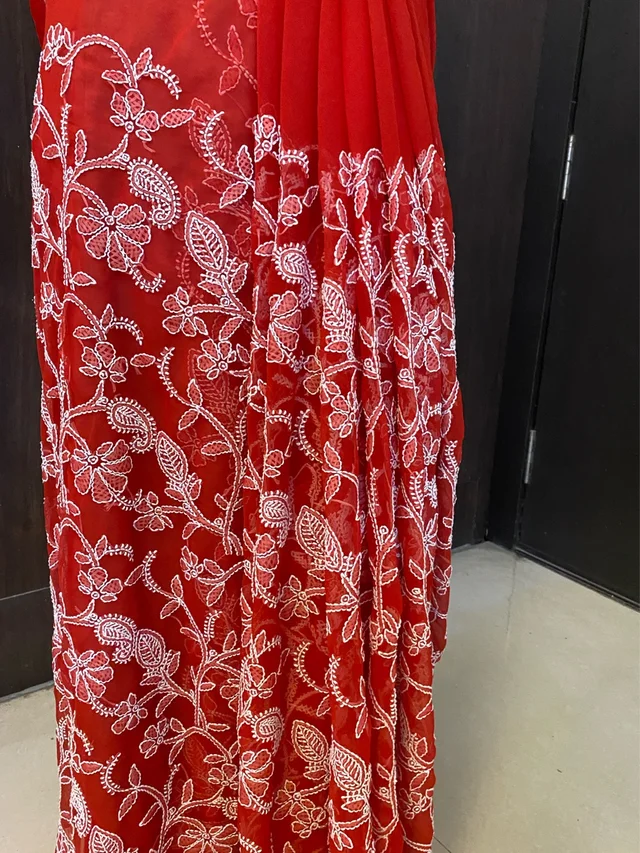 Red Chikankari Full Jaalwork Georgette Saree - Red
