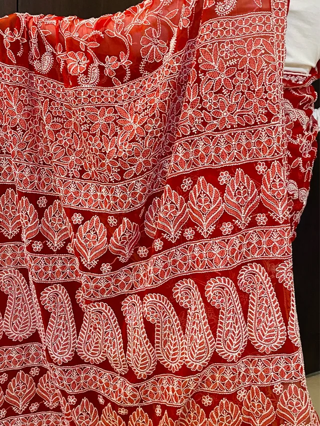 Red Chikankari Full Jaalwork Georgette Saree - Red
