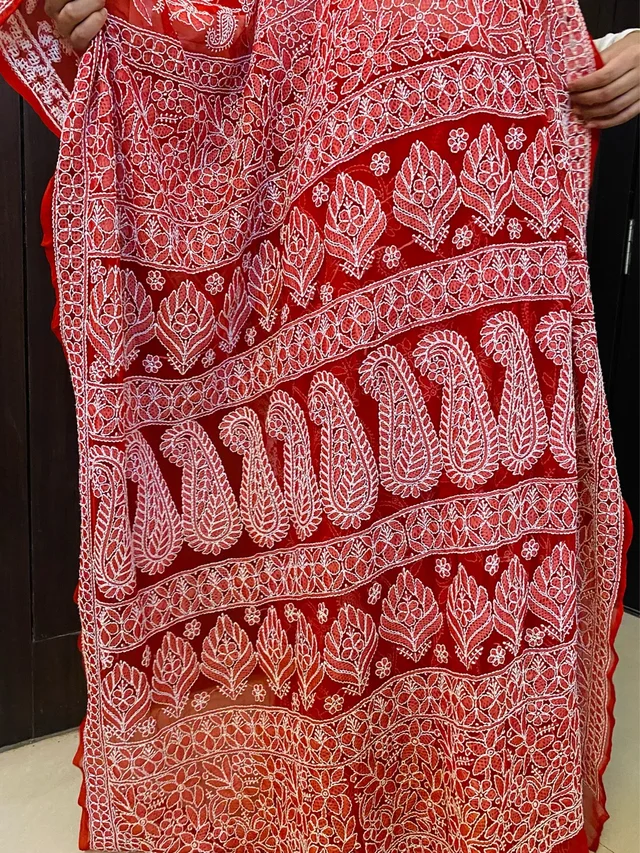 Red Chikankari Full Jaalwork Georgette Saree - Red