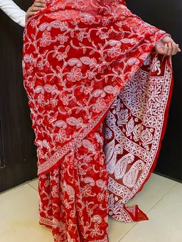 Red Chikankari Full Jaalwork Georgette Saree - Red