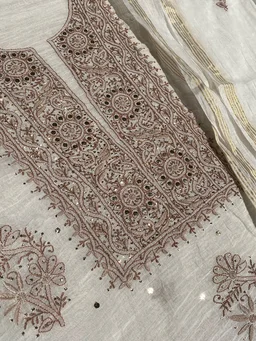 Noor-e-Mulmul White Chikankari Unstiched Sets - White/Brown