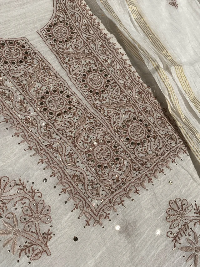 Noor-e-Mulmul White Chikankari Unstiched Sets - White/Brown
